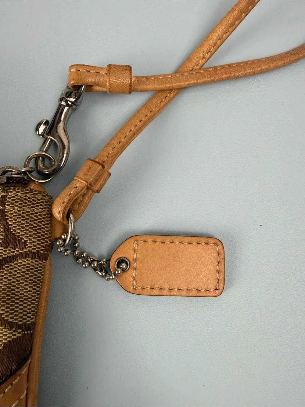 Coach Brown Signature Canvas Wristlet with Tan Leather Accents